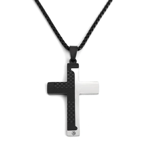 Men's two-tone stainless steel cross necklace with black carbon fiber inlay and box chain