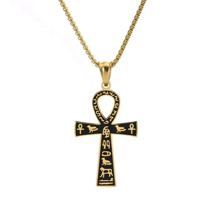 Vintage gold plated stainless steel Egyptian Ankh cross necklace with black enamel detail
