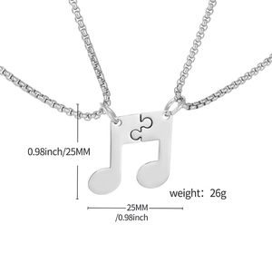 Collier couple puzzle note de musique en acier inoxydable poli sur chaîne argentée