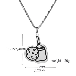 Silver stainless steel pickleball paddle and ball pendant necklace with box chain