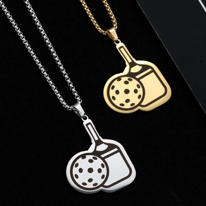 Polished stainless steel pickleball paddle pendant necklaces in gold and silver finish