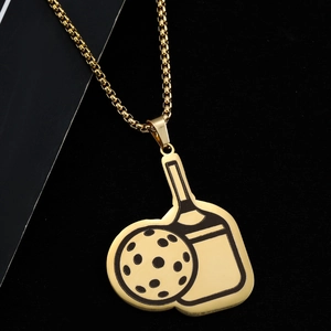Golden stainless steel pickleball paddle and ball pendant necklace for sports lovers