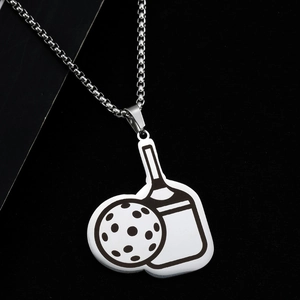 Polished silver stainless steel pickleball paddle and ball pendant necklace for sports