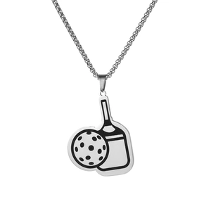 Macro shot of stainless steel pickleball paddle pendant with box chain on white background