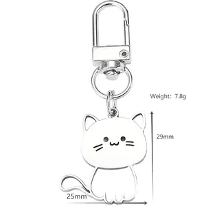 Porte-clés chat mignon en acier inoxydable avec fermoir mousqueton argenté, 29mm