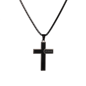 Collana con pendente a croce in acciaio inossidabile nero opaco con incisione Jesus