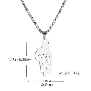 Dettaglio del ciondolo a forma di gatto in acciaio inox con specifiche dimensionali
