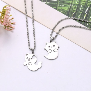 Ensemble de colliers en acier inoxydable avec pendentifs mignons chat et chien cartoon