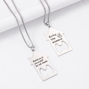 Stainless steel house-shaped bottle opener necklace with engraved motivational quotes