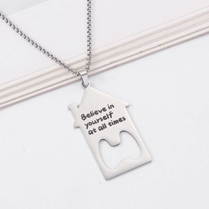 House-shaped stainless steel bottle opener necklace with engraved motivational phrase