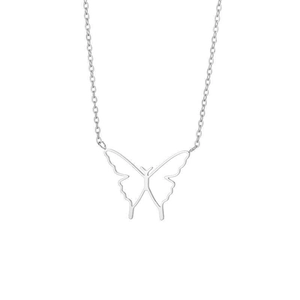 Macro shot of minimalist hollow butterfly pendant necklace in polished silver finish
