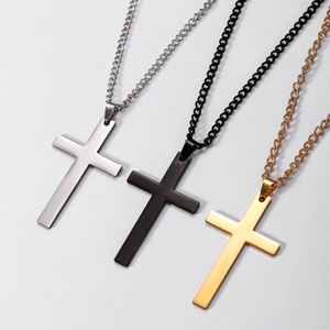 Minimalist stainless steel cross pendant necklaces in silver, black, and gold finishes