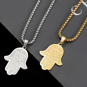 Colliers pendentifs main de Fatma en acier inoxydable or et argent avec gravures