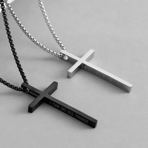 Heren kruisketting van roestvrij staal met gegraveerde Bijbeltekst in zilver en zwart