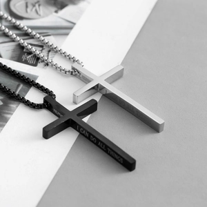 Heren roestvrijstalen bijbeltekst kruisketting in zwart en zilver geborstelde afwerking