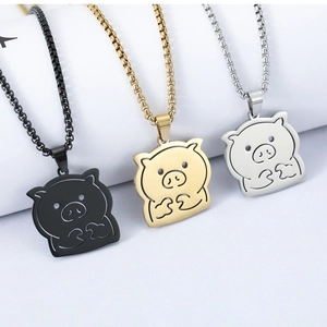 Collier Pendentif Cochon de Dessin Animé Cœur en Acier au Titane Bijoux Animaux Chaîne Box Minimaliste pour Femmes Hommes Enfants
