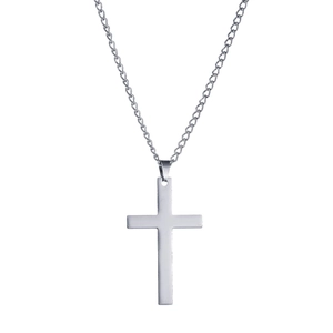 Polished stainless steel cross pendant necklace with a sleek silver chain for men