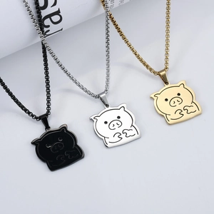 Collier avec pendentif cochon mignon en acier inoxydable doré, argenté et noir