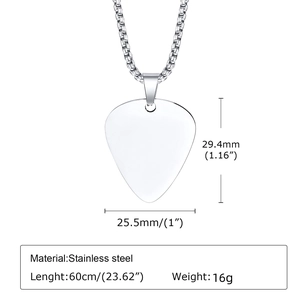 Detailed specs of stainless steel guitar pick pendant necklace with 60cm box chain