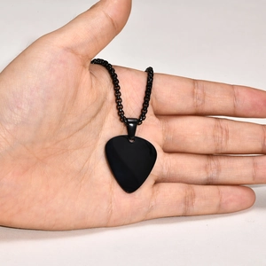 Polished black guitar pick pendant necklace with matching chain for men and women