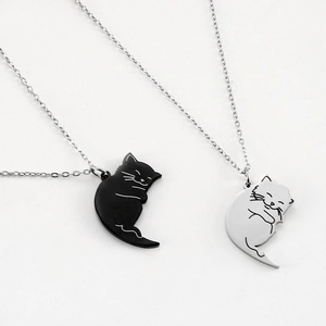 Cartoon black and white cat puzzle necklaces for couples made of stainless steel