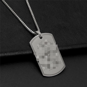 Silver stainless steel military tag necklace with laser engraving on a box chain