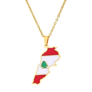 Collana vintage mappa Libano in acciaio inossidabile oro con cedro smaltato colorato