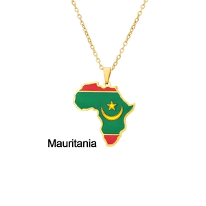 Golden stainless steel Africa map necklace featuring the Mauritania flag pendant design