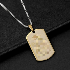 Men's vintage rectangular gold dog tag pendant on silver box chain necklace