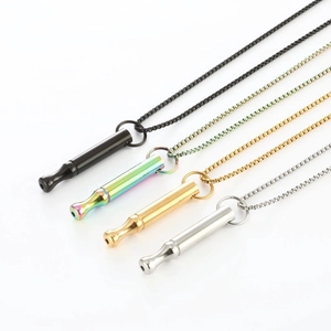 Collares de silbato de meditación en acero inoxidable negro, oro, plata y multicolor
