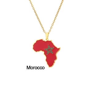 Golden stainless steel Africa map necklace with Morocco flag red enamel pendant