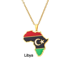 Gold Libya map pendant necklace with national flag design on stainless steel chain