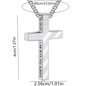 Detail of cross pendant with American flag pattern and engraved scripture I Am With You Always
