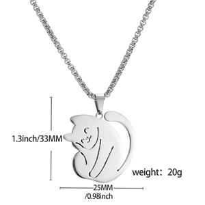 Polished silver stainless steel cat pendant necklace with 33mm by 25mm dimensions