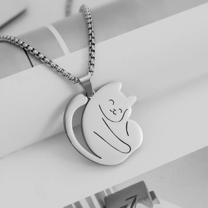 Minimalist Stainless Steel Cute Cat Pendant Necklace For Men Women Fashion Polished Kitten Animal Jewelry Gift