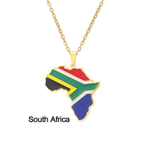 Golden necklace with South Africa map pendant and colorful flag enamel inlay