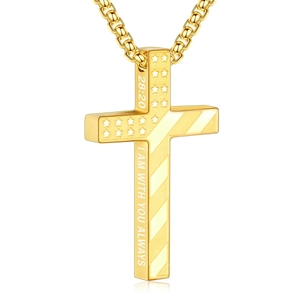 Detail of gold cross pendant showing stars, stripes and I AM WITH YOU ALWAYS engraving