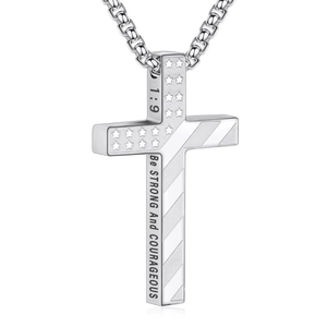 Stainless steel USA flag cross necklace with Be Strong and Courageous engraving