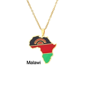 Golden stainless steel Africa map necklace featuring the Malawi flag in enamel finish