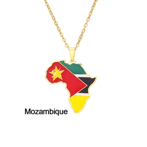 Golden Mozambique map pendant necklace with national flag enamel detailing for unisex