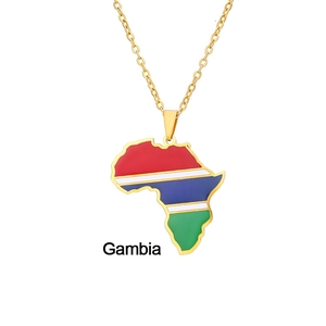 Gambia flag colors on Africa map pendant with golden stainless steel necklace
