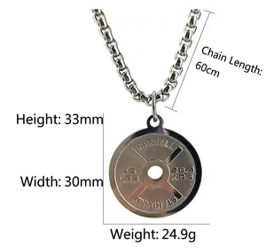 Detailed size chart for stainless steel barbell pendant with dimensions and weight