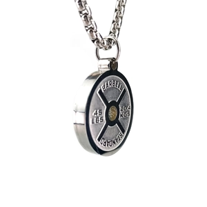 Detailed close-up of a silver barbell plate pendant featuring 45 LBS weight engraving