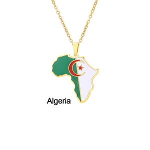 Golden Africa map necklace featuring Algeria flag enamel pendant on a fine cross chain