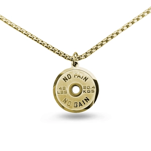 Close-up of golden fitness barbell necklace featuring NO PAIN NO GAIN engraved message