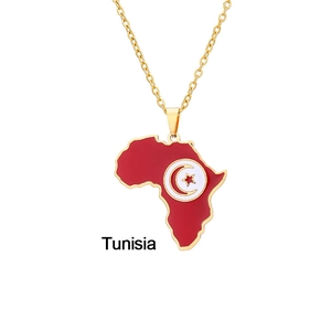 Golden Tunisia map necklace with red enamel finish and crescent flag pendant emblem