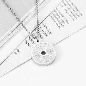 Fitness barbell plate pendant necklace in stainless steel with a silver box chain finish