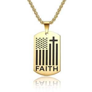 Gold stainless steel dog tag necklace with American flag cross and Faith engraving