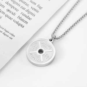 Fitness barbell pendant necklace in polished stainless steel with engraved 45 lbs weight