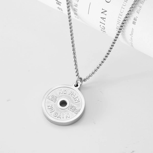 Silver stainless steel barbell necklace with No Pain No Gain motivational weight plate pendant